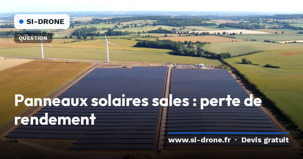 Vue aérienne d’une centrale photovoltaïque avec le titre Panneaux solaires sales : perte de rendement