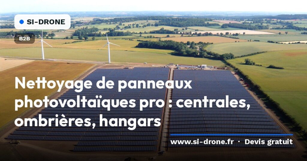 Vue aérienne d’une centrale photovoltaïque avec le titre Nettoyage de panneaux photovoltaïques pro : centrales, ombrières, hangars