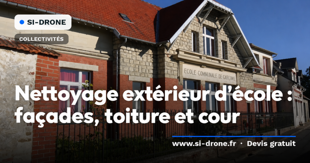Bâtiment scolaire avec le titre Nettoyage extérieur d’école : façades, toiture et cour