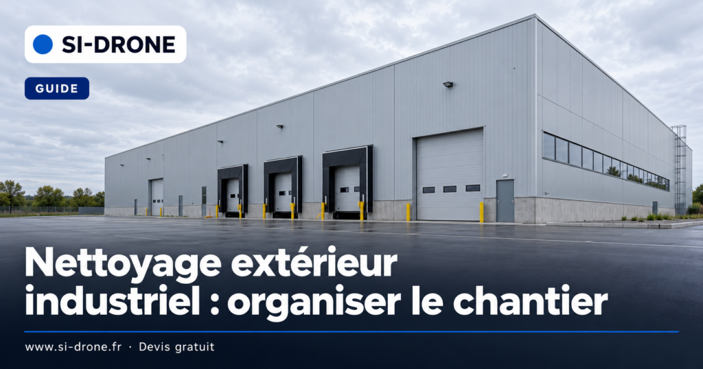 Illustration éditoriale d’un bâtiment industriel avec le titre Nettoyage extérieur industriel : organiser le chantier
