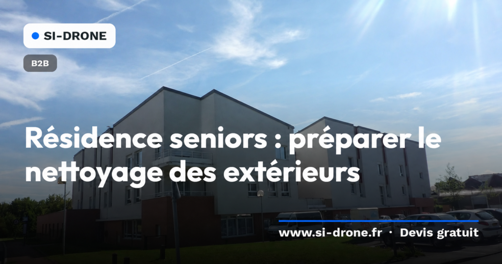 Illustration d’un bâtiment résidentiel et de ses abords, pour préparer le nettoyage extérieur d’une résidence seniors