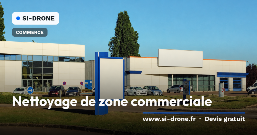 Illustration d’une zone commerciale avec façades de magasins et parking, aux enseignes anonymisées