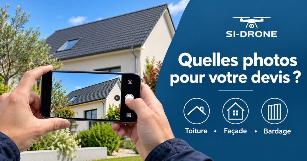 Illustration générée : prise de vue d’une maison au téléphone depuis le sol.