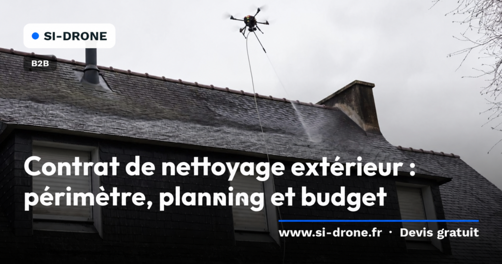 Illustration d’un nettoyage de toiture par drone, pour un guide sur les contrats de nettoyage extérieur